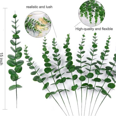 Lot de 10 feuilles d'eucalyptus artificielles réalistes - Branches de fleurs artificielles pour bouquet de mariée, décoration intérieure (vert)-AquaForge (1/5)