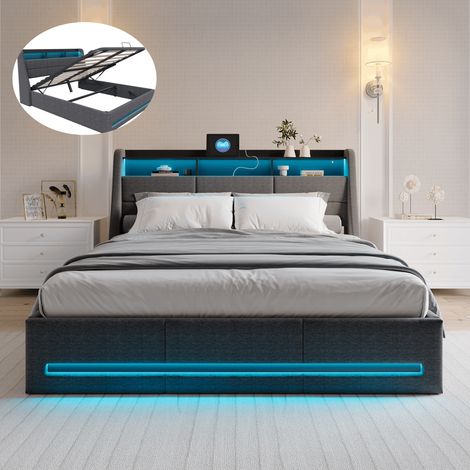 Lit coffre 160x200 cm, tête de lit capitonné avec rangement, lit 160x200 avec sommier, LED réglable, chargement USB, sommier à lattes, style moderne, tissu lin, gris (1/5)