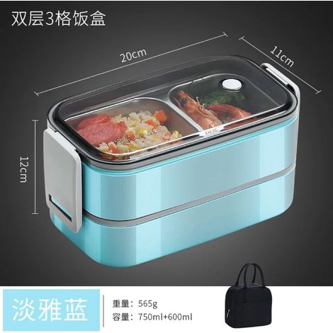 (Bleue avec sac de transport) Boîte à lunch en acier inoxydable 304, compatible micro-ondes, récipient de conservation des aliments portable pour le déjeuner. (1/5)
