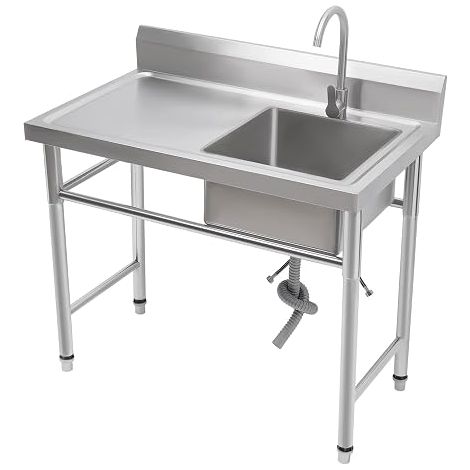 Évier indépendant en acier inoxydable, 100 x 60 x 93 cm Éviers commerciaux avec rotation à 360°, robinet, filtre de vidange et évacuation d’eau, pour extérieur, intérieur, cuisine (1/5)