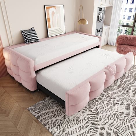 Lit enfant - 90/180x190 cm - avec sommier à lattes - tissu polaire effet peluche - convient aux enfants - Pink(sans matelas)
