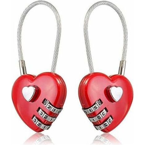 Lot de 2 cadenas à combinaison portables en forme de cœur – pour sacs à dos, bagages et coffrets à bijoux – couleur rouge (1/4)