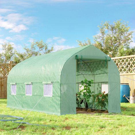 Serre tunnel de jardin 8m². serre de jardin tunnel avec 1 porte et 6 fenêtres. bâche PE 140g/m² 400x200x200cm vert