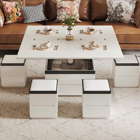 Guyii Table Basse relevable Blanche 120x60 cm avec 4 tabourets de Rangement et 4 roulettes Table Centrale Moderne Plateau Ajustable pour canapé Appartement Bureau (1/5)