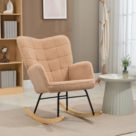 Sillón balancín (98x71x101 cm), respaldo capitoné, tapizado en tejido tipo borreguito, poliéster marrón (1/5)
