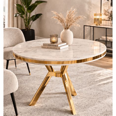 Esstisch weißer runder Marmor-Look mit Gold – 90 cm Durchmesser –