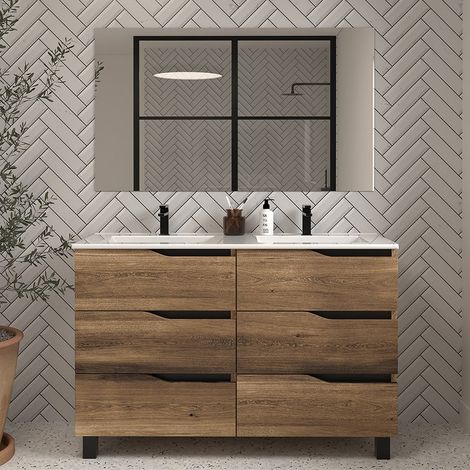 Meuble de salle de bain 140cm double vasque - 6 tiroirs - tabaco (bois foncé) - MATA (1/5)