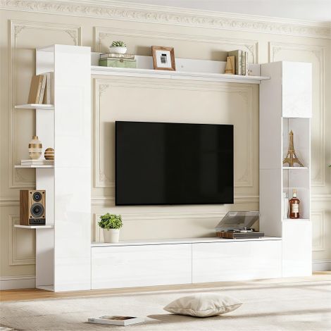 Ensemble du meuble TV pour salon - Vitrine, meuble TV, étagères ouvertes - Finition brillante - MDF - Blanc