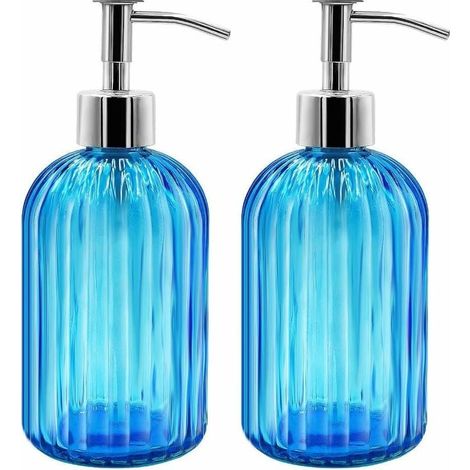Set mit 2 Flüssigseifenspendern aus Glas, 400 ml, mit Pumpe, nachfüllbar, für Küche, Badezimmer, Waschküche, Hotel (blau) (1/5)