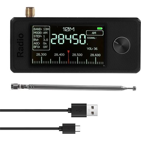 Radio portatile con supporto per banda completa 0,5-108 MHz LSB/USB/AM/FM con antenna ricevente /SW/MW/VHF, nera (1/2)