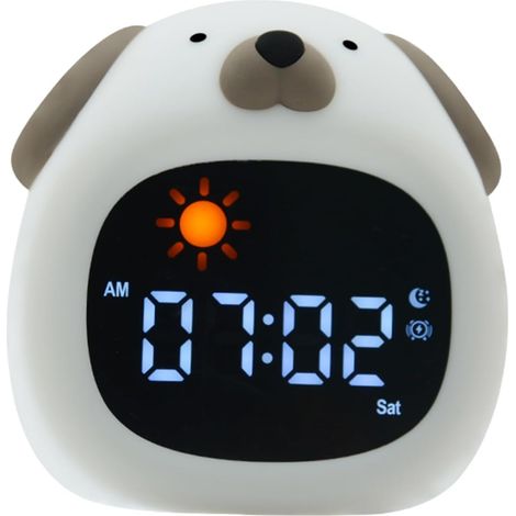 Réveil avec veilleuse, lampe de bureau rechargeable en silicone avec bruit blanc, motif animal mignon, affichage numérique. (Chien) (1/5)