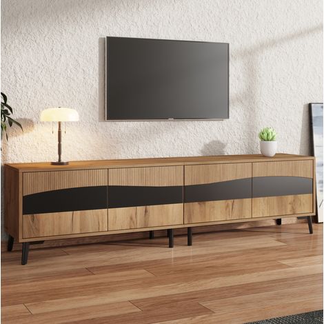 REDOM - Mueble TV 180x40x50 cm, 4 puertas, gran espacio de almacenamiento, diseño simétrico, tablero de partículas, natural y negro (1/5)
