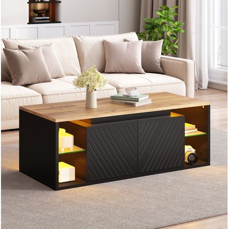 Mesa de centro con LED 100 x 50 x 41 cm negra y efecto madera con 2 puertas OKWISH (1/5)