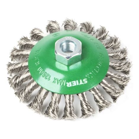 Brosse conique STIER Ø 115 mm, M14, 0,5 mm, torsadée, acier inox V2A (1/4)