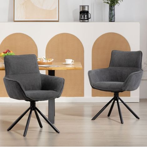 Set di 2 sedie da pranzo girevoli, imbottite, con braccioli, base in metallo, grigio scuro (1/5)
