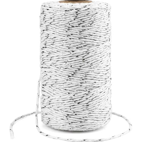 Cordel navideño de 2 mm - Cuerda de algodón blanca de 100 m con hilo plateado, cordón de macramé para hornear, cocinar, manualidades y envolver regalos de Navidad. (1/5)