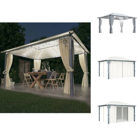 Pavillons & Partyzelte - Living Pavillon mit Vorhängen & LED-Lichterkette 400x300 cm Creme Alu (1/5)