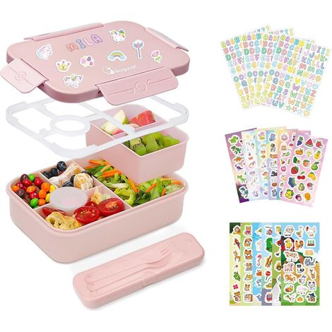 Brotdose Kinder 1300ml Auslaufsicher Bento Besteckset 6 Fächern rosa (1/5)