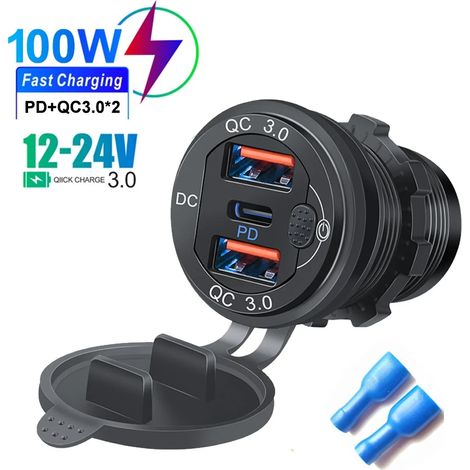 Chargeur de voiture double USB 12 V/24 V avec ports PD3.0 et QC3.0 Type-C, étanche, avec bouton-poussoir LED et charge rapide. Adaptateur pour voiture et moto. (1/5)