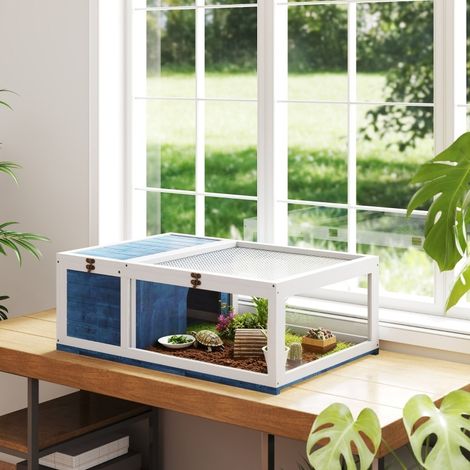 Casa para tortugas de madera con parte superior abatible, 91 x 60,5 x 32 cm, azul OKMYHOME (1/5)