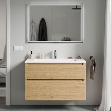 BERNSTEIN - Mobile lavabo sospeso MDF rovere miele, lavello Ghisa bianco opaco + foro rubinetto, cassetti girevoli - 80x46x62cm - VIREO	Rovere Miele Oro, Bianco opaco con foro rubinetto