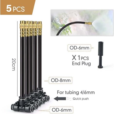 (B-6 mm à 8 mm, lot de 5) Tuyau d'irrigation flexible rotatif à 360° de 20 cm, buse de pulvérisation réglable en laiton avec raccord rapide en T pour tuyau de 6/8/10/12 mm et buse de pulvérisation rég (1/5)
