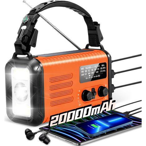 Radio de Secours à manivelle 20000 mAh/74000 mWh, Radio météo Portable AM/FM Solaire, alimentée par Batterie, Chargeur USB, Lampe Torche, Lampe de Lecture (1/5)