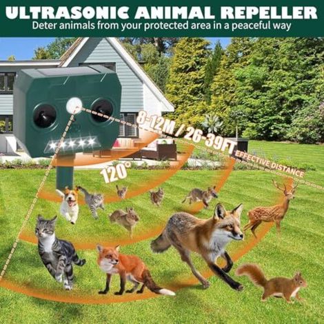 Lot de 2 répulsifs anti-martres, répulsif pour chats, répulsif solaire à ultrasons 120° pour chiens avec lumière LED, répulsif pour animaux résistant aux intempéries IP45 pour martres, chats, ratons l