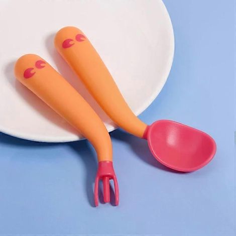 Ensemble cuillère et fourchette d'apprentissage pour bébé - Design coudé flexible, rouge (1/5)