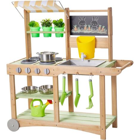 Éveil Sensoriel Plein Air Cuisine Patouille en Bois 88 cm avec Évier et Auvent Jardin Enfant (1/5)