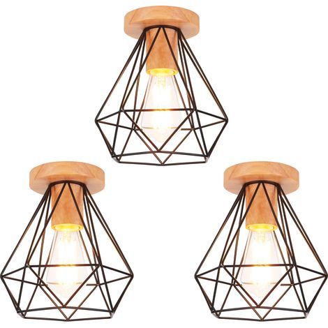 3 Pack Diamond Ceiling Light in Wood Metal Ceiling Lamp Vintage Retro Industrial for Corridor Stairs Entrance Bedroom Black (1/5)