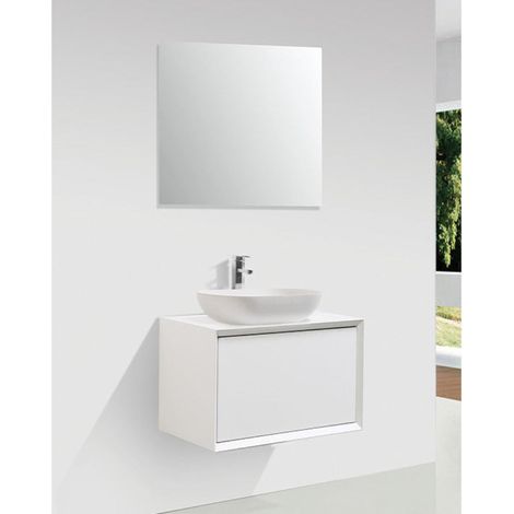 Stano. – Meuble sous vasque simple 60 cm – Panneau de particules blanc mat – Tiroir Push-Open – Design suspendu élégant (1/4)