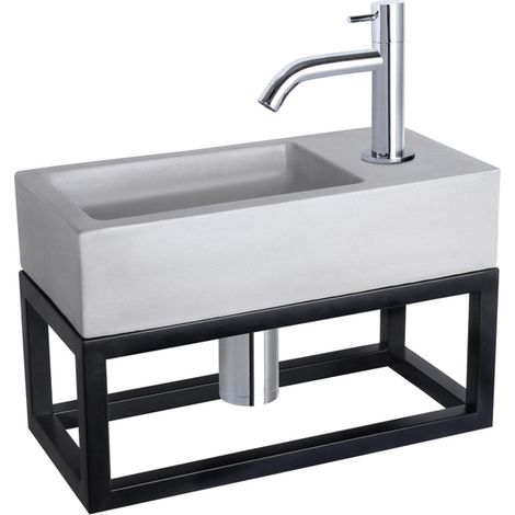 Differnz Ravo kit lave-mains - 38.5x18.5x25cm - Rectangulaire - 1 trou de robinet - Robinet chromé courbé - avec cadre noir - béton gris clair (1/5)