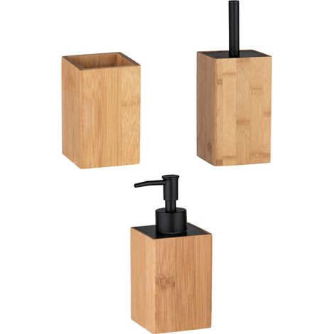 Accessoires salle de bain en bambou brosse WC, distributeur savon et gobelet PADUA
