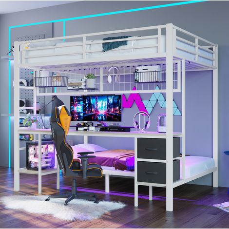 Letto rialzato bambino 90x200 cm con cassetti, scrivania, LED e porta USB, in metallo, bianco, senza materasso (1/5)