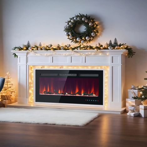Wand- und Einbau-Elektrokamin, 12 einstellbare Flammenfarben, verstellbarer Thermostat, mit Kristall- und Holzset, Fernbedienung und Touchscreen-Einstellungen, 900/1800 W, 42 Zoll,106.5×46.5×12cm