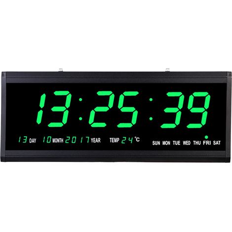 Horloge Numérique Murale LED, Digitale Grande Affichage 48cm, Température, Date, Jour, 2 Alarmes, 12/24H, Luminosité Réglable Pendule Murale pour Salon Cuisine Bureau, Vert (1/5)