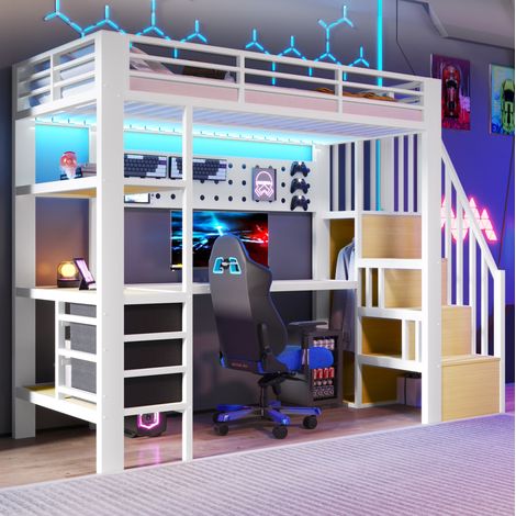 Bett Hochbett Aufbewahrung 90x200 Metall Weiß OKMYHOME