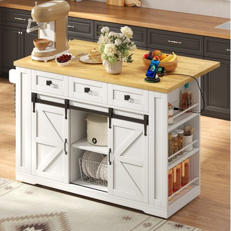 Carrello da cucina mobile 130x50/80x87 cm con piano pieghevole, porte USB, vano portaoggetti, MDF bianco naturale (1/5)