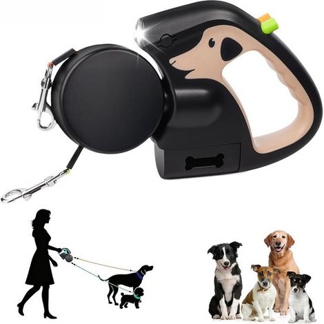 Laisse double pour promener 2 chiens - Laisse rétractable de 3 mètres avec sangle en nylon anti-nœuds à 360°, poignée antidérapante et batterie rechar (1/5)
