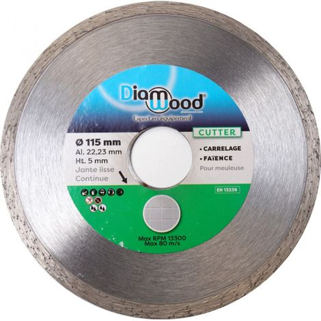 Diamwood – Disque diamant pour meuleuse D. 115 mm – Alésage 22,23 mm – Jante continue pour carrelage et faïence – Coupe nette sans éclats