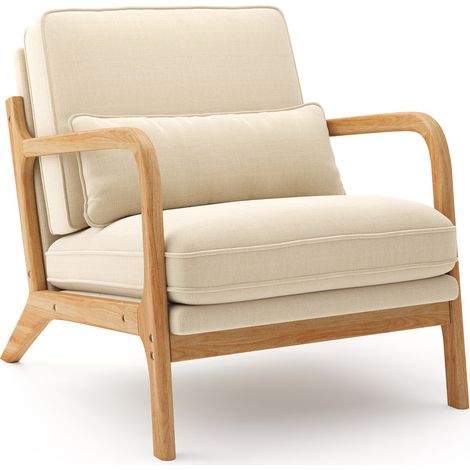 Fauteuil salon bois massif lin beige ergonomique 82 cm (1/5)