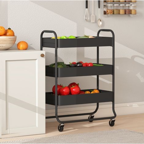 Carrello cucina 64,5/34/87 cm nero in metallo con 3 cestelli e 4 ruote, pratico e stabile (1/5)