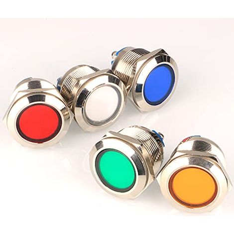 5pcs 12V-24V 22mm LED Métal Indicateur Lampe Étanche Signal Lampe Rouge Vert, Couleur: Rouge/Jaune/Bleu/Vert/Blanc-22mm (1/5)