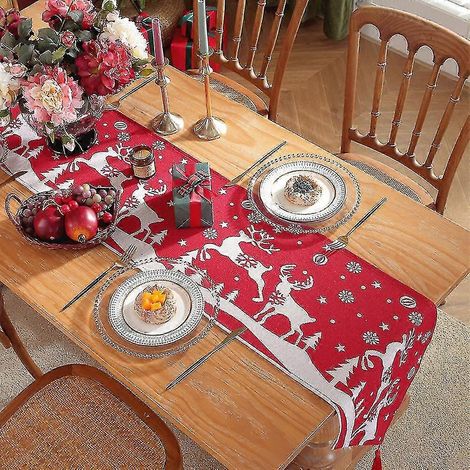 Camino de mesa navideño rojo con muñeco de nieve y ciervo, decoraciones navideñas de invierno para interiores, camino de mesa navideño para fiestas de cocina, 13 x 72 pulgadas. (1/2)