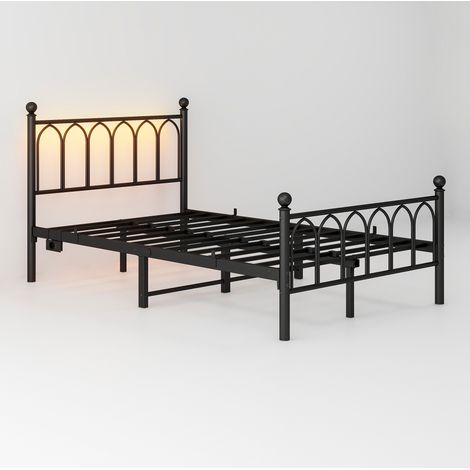Lit en métal 120 x 200 cm noir avec tête et pied de lit vintage, LED, USB, rangement sous le lit (1/5)