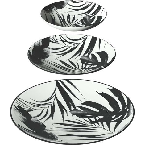 Service vaisselle 18 pièces en porcelaine – Motif tropical noir et blanc – 6 grandes assiettes 26 cm, 6 assiettes à soupe 20,2 cm, 6 petites assiettes 19,3 cm – Secret De Gourmet