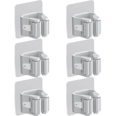 Mopp- und Besenhalter – 6er-Set – Graues PC und PVC – Selbstklebende Montage ohne Bohren – Aufbewahrung für Haushaltsutensilien in Bad und Küche – 6 x 6 cm (1/5)