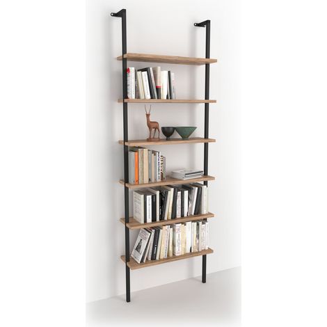 Estantería escalera de pared de estilo industrial con 6 estantes melamina roble Safir y estructura metálica pintado negro. (Alto 180 cm/Ancho 60 cm/Fondo 20 cm) (1/5)