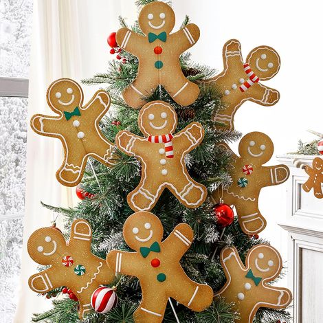 8 große Lebkuchenmännchen-Weihnachtsbäume in einer Auswahl, niedliche und rustikale Lebkuchenjungen und -mädchen, Weihnachtsbaumhüte, Zuhause, Schule, Büro, Wintervasendekorationen.